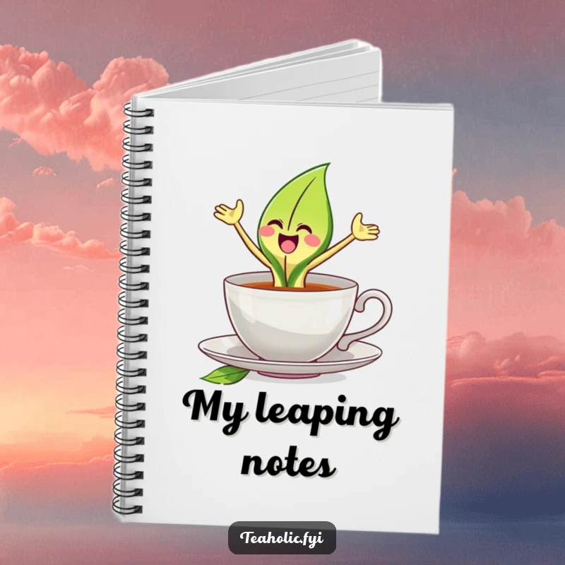 Funny tea leaf notebook featuring a joyful tea leaf character leaping from a teacup, ideal for journaling.