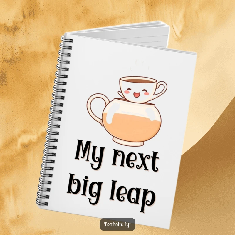 Funny notebook featuring a cheerful teacup jumping into a teapot, perfect for jotting down ideas with a touch of humor.