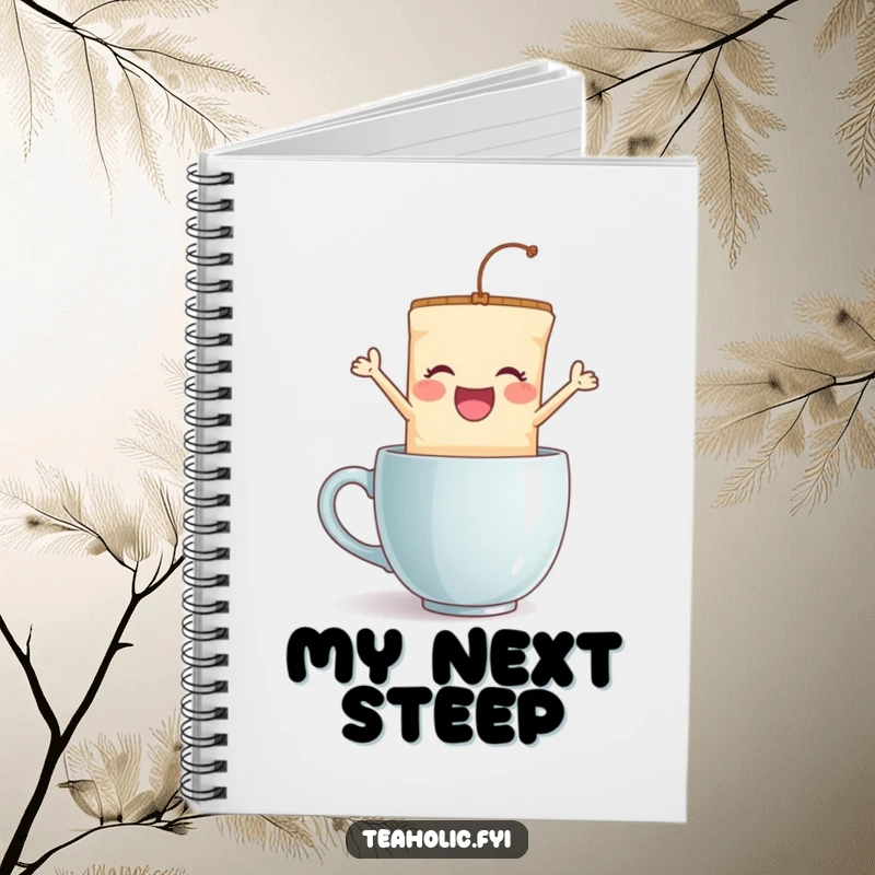 Funny tea bag jump notebook, a delighted character joyfully leaping into a mug, perfect for jotting down thoughts with humorous inspiration.