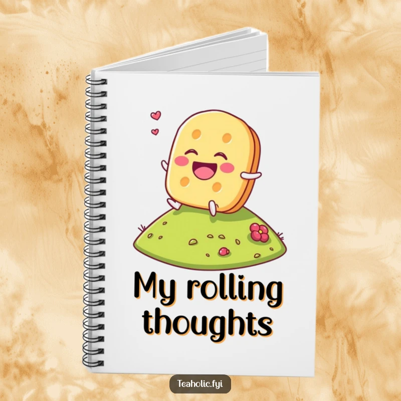 Funny Tea Biscuit Notebook with a laughing tea biscuit character rolling down a hill, perfect for jotting down sweet ideas.