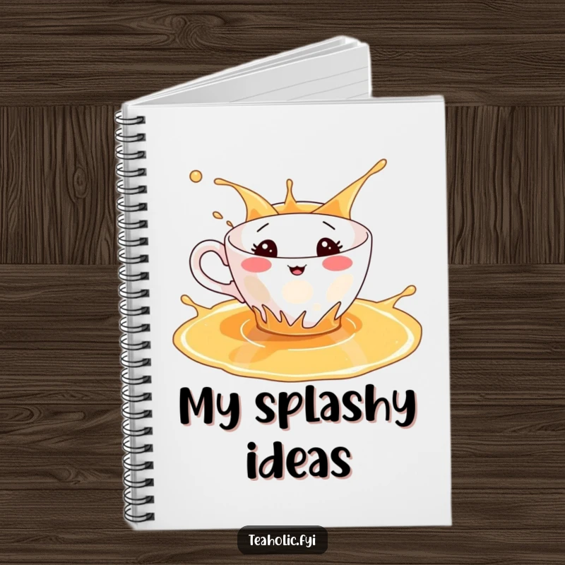 Funny notebook cover with a teacup character splashing in tea, encouraging creative and playful entries.