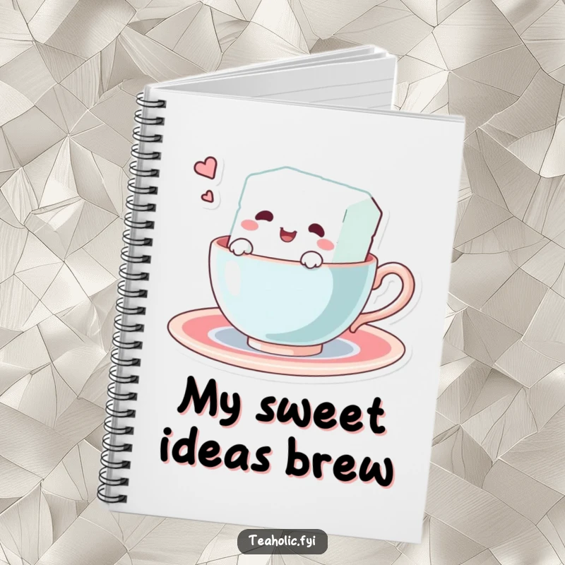 Funny notebook with a delightful sugar cube character swimming in a teacup on the cover. Great for everyday notes and journaling.