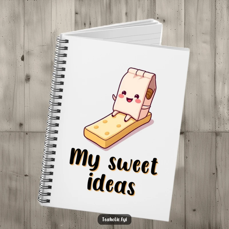 Funny tea bag notebook, character sliding down sugary biscuit slide, cute stationery, perfect funny gift.