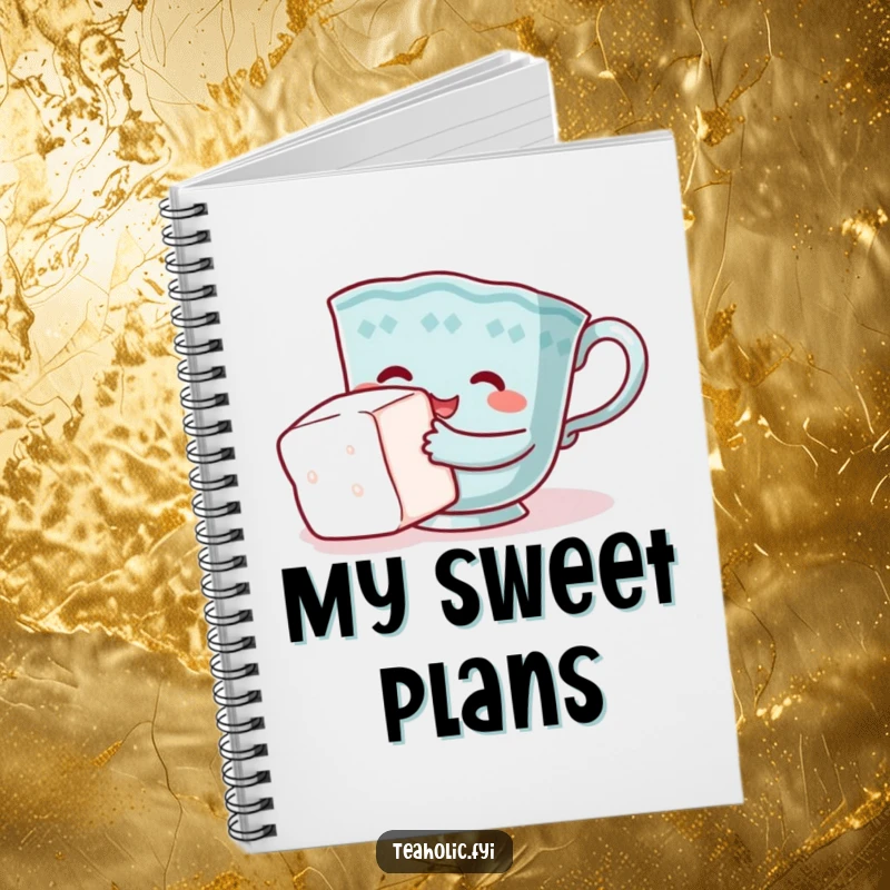 Funny teacup notebook, character comically hugging sugar cube, cute stationery, perfect funny gift.