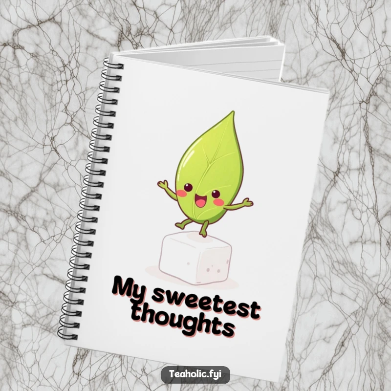 Funny tea leaf character gleefully bouncing on a sugar cube on a notebook cover, perfect for capturing cheerful notes and ideas.