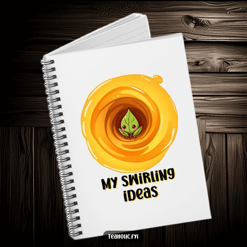 Funny Notebook: Curious tea leaf character peeking from a swirling vortex of tea, great for jotting mysteries.
