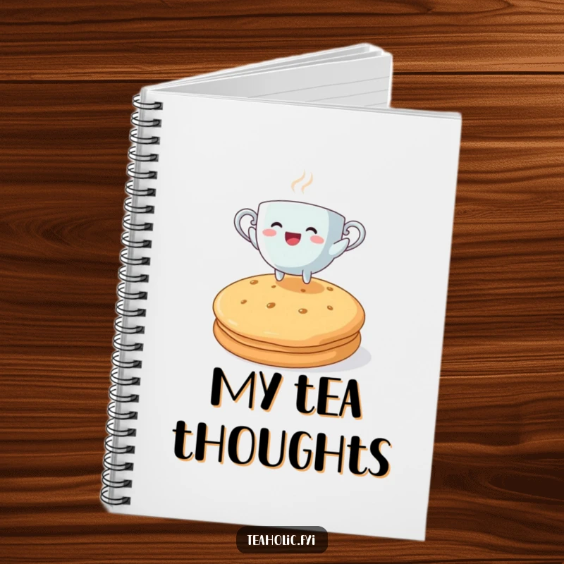 Funny steaming teacup character joyfully leaping over a giant biscuit on the cover of a notebook.
