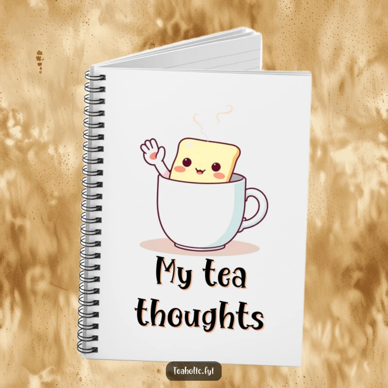 Funny notebook cover featuring a kawaii tea bag character waving enthusiastically from inside a steaming mug.