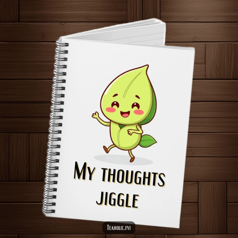 Funny notebook cover with a smiling tea leaf character doing a joyful jig, perfect for jotting down notes with flair.