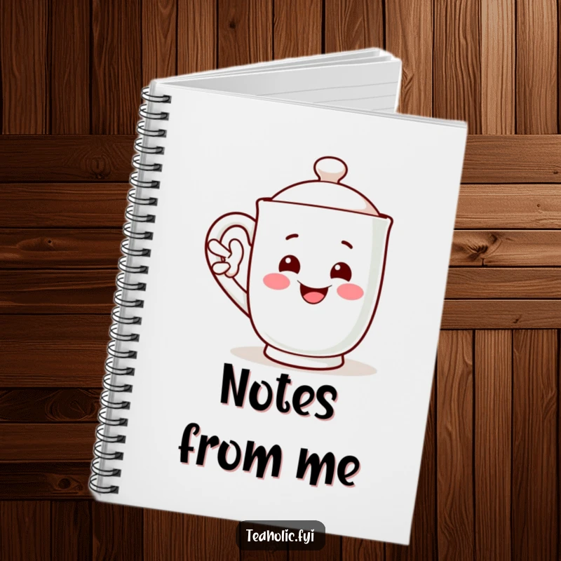 Funny notebook with a smiling mug character waving its handle, an encouraging funny gift.