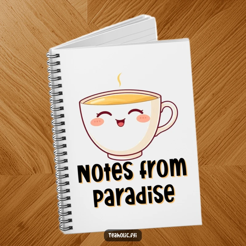 Funny teacup notebook with a happy character sipping tea, great for notes and as a funny gift.