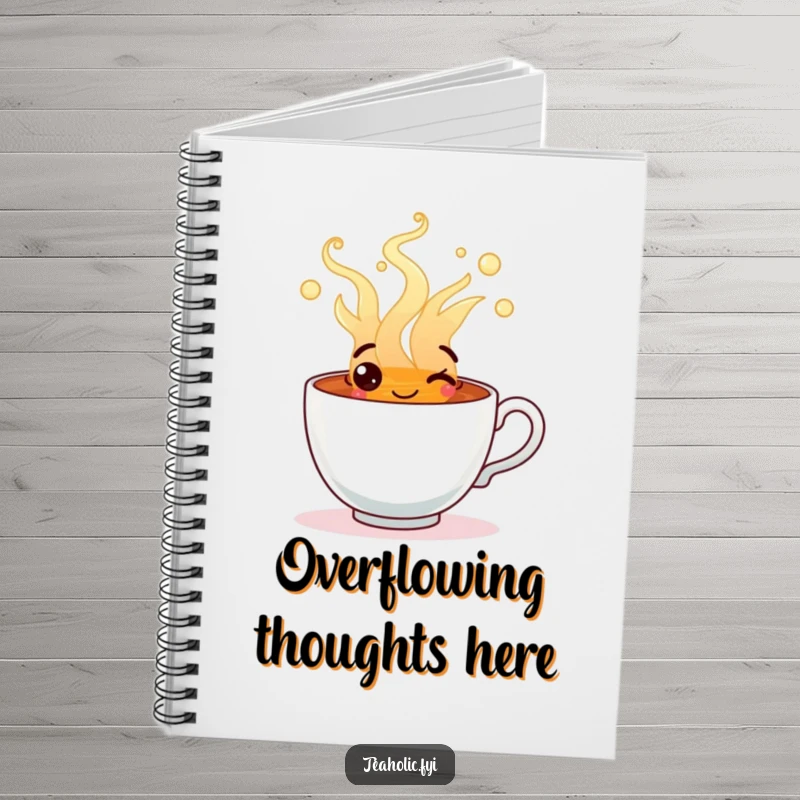 Funny notebook with a happy tea cup character overflowing with steaming, cheerful tea, inspiring warm thoughts.