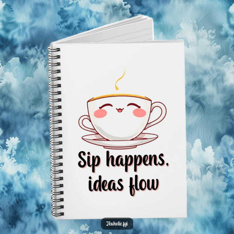 Funny thrilled teacup notebook featuring a character blissfully sipping tea with closed eyes, ideal for capturing thoughts with a smile.