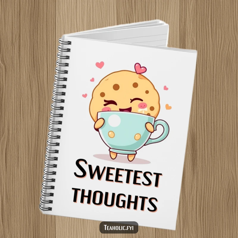 Funny cookie notebook cover featuring a cookie character giving a cheeky wink, holding a teacup overflowing with pure, expressive joy.