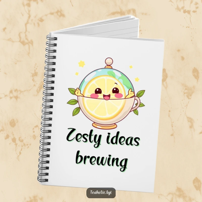 Funny notebook with a joyful lemon slice character zipping around a teacup globe, for jotting down zesty ideas.