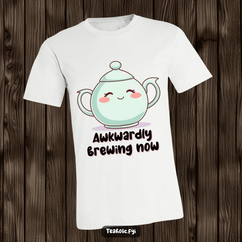 Funny t-shirt featuring a shy teapot character blushing, embodying bashfulness and endearing sweetness.