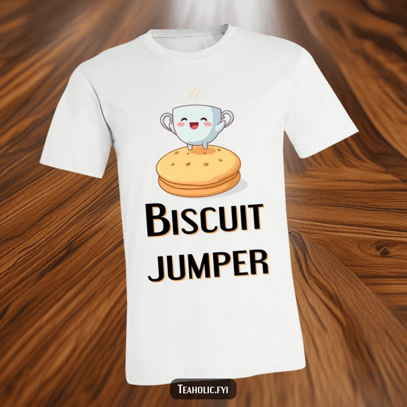 Funny teacup character joyfully jumping over a large biscuit, a design celebrating tea time.