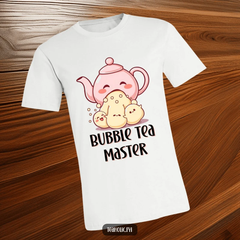 Funny t-shirt depicting a giggling teapot character pouring a stream of bubble-like characters, embodying playful fun.