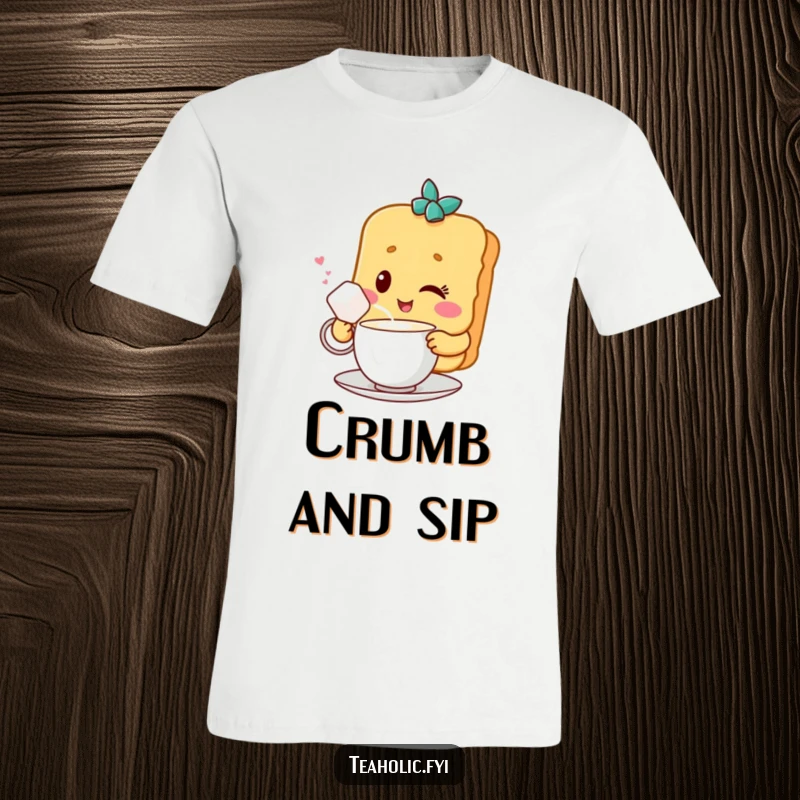 Funny t-shirt showcasing a winking biscuit character having a tea break with a sugar cube, representing a sweet and humorous friendship.