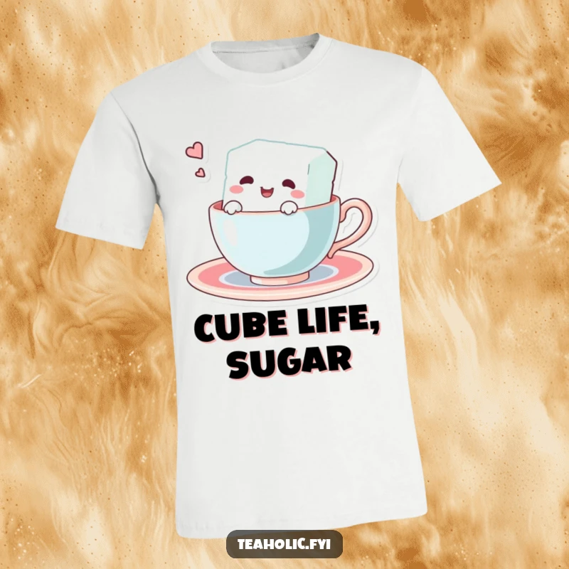 Funny t-shirt showing a tiny, delighted sugar cube character swimming happily in a miniature teacup. Playful and whimsical apparel.