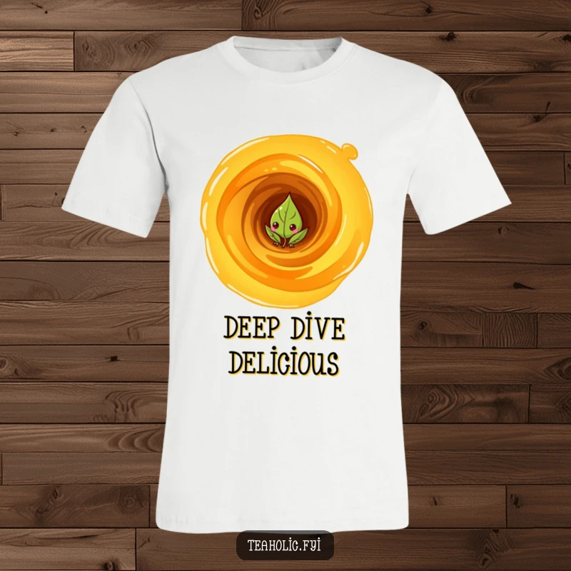 Funny T-Shirt: Curious tea leaf character peeking from a swirling vortex of tea, mysterious and intriguing.