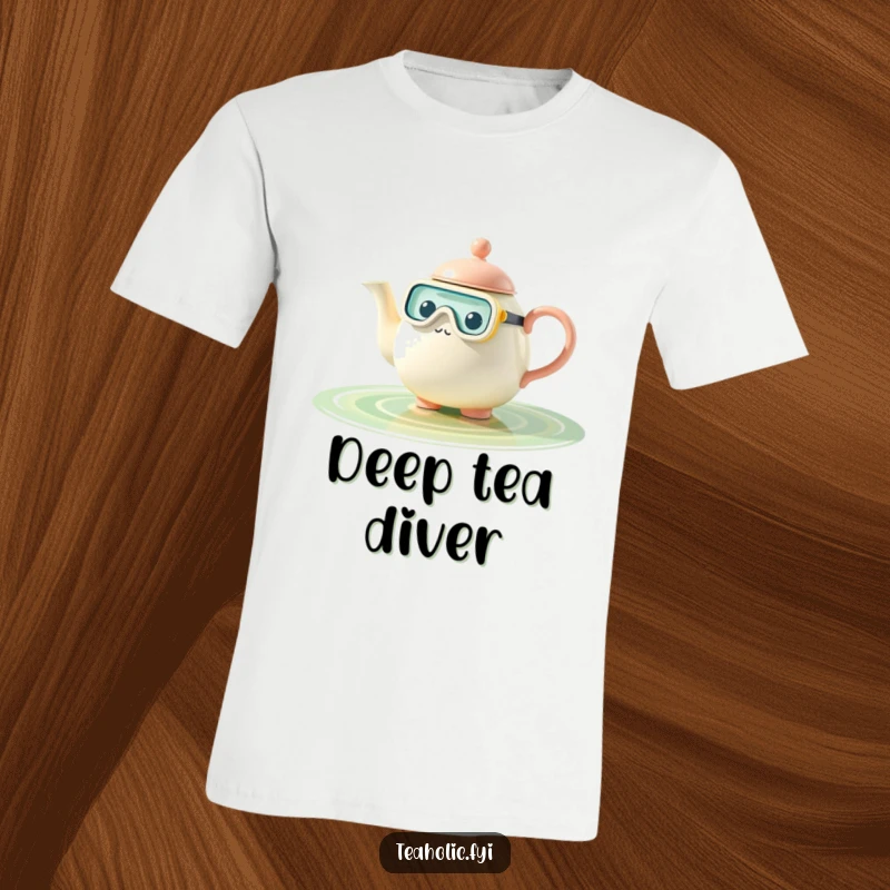 Funny teapot t-shirt, character snorkeling in tea pool, expressing curiosity and fun, ideal funny gift.