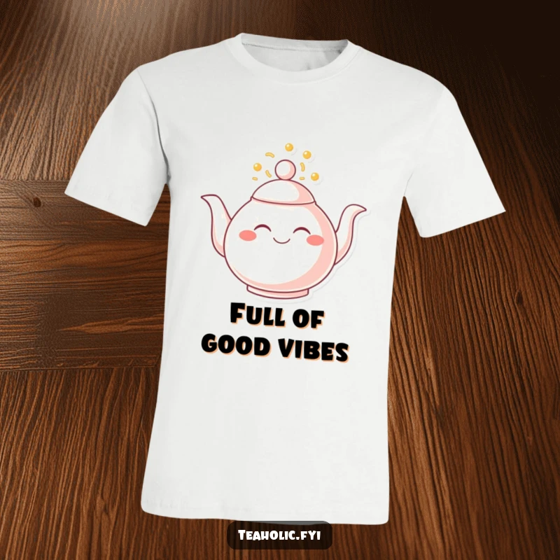 Funny t-shirt showcasing a smiling teapot with its spout gushing with vibrant, joyful elements, symbolizing overflowing happiness.