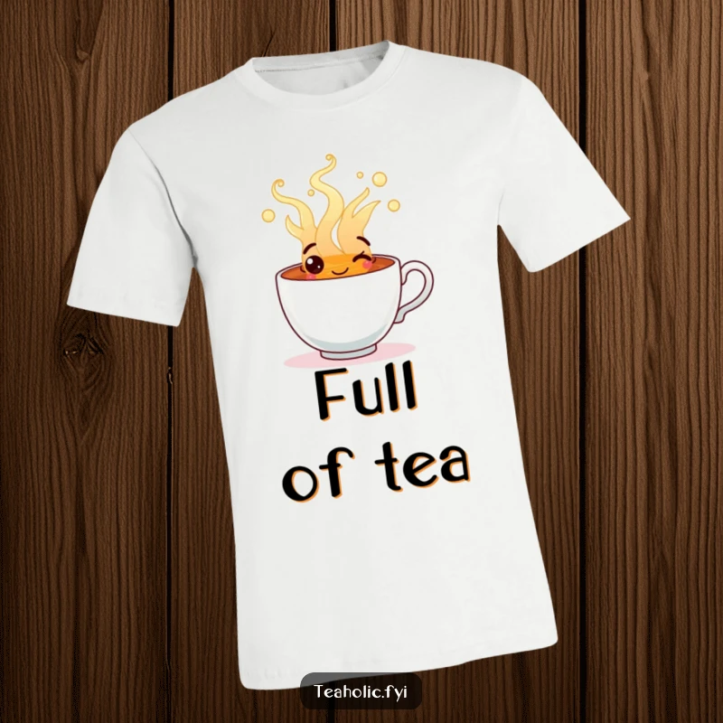 Funny t-shirt featuring a happy tea cup character overflowing with steaming, positive tea, perfect for cozy days.