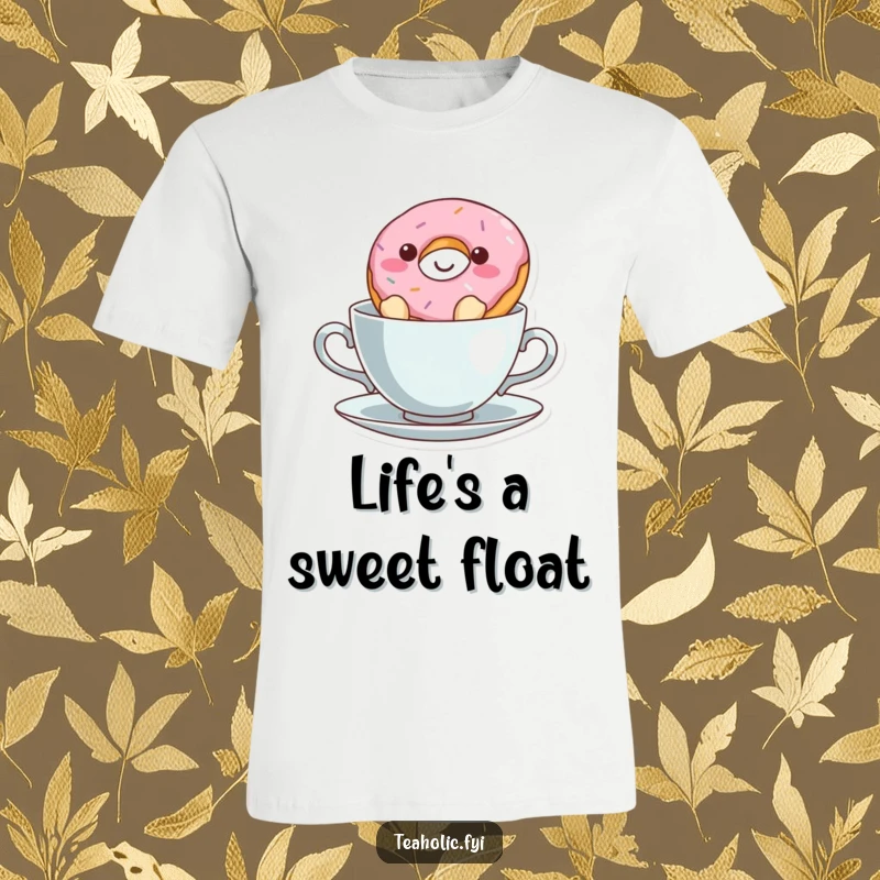 Funny donut character floating contentedly in a teacup, a humorous and cute t-shirt design.