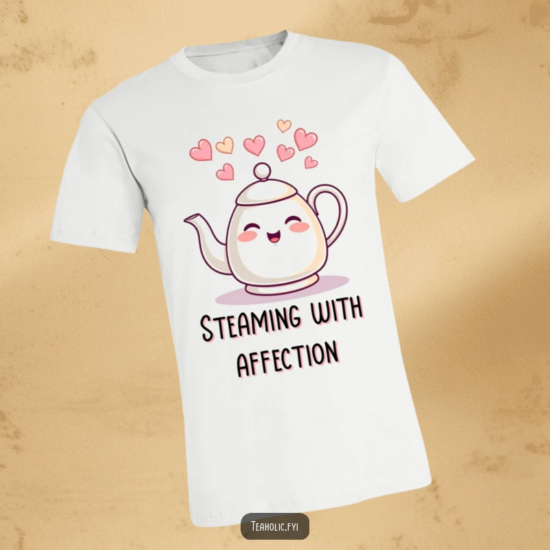 Funny tea kettle t-shirt, giggling character shooting heart-shaped steam, conveying pure joy and affection, ideal funny gift.