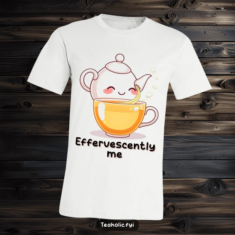 Funny t-shirt showcasing a gleeful teapot character merrily pouring effervescent tea bubbles into a teacup, radiating happiness.