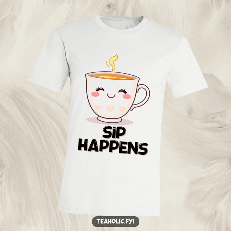 Funny teacup t-shirt featuring a happy teacup character with a charming smile, giving a delightful wink.