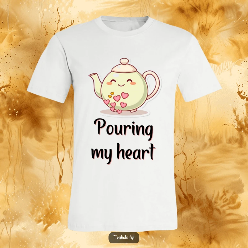 Funny t-shirt: A smiling teapot character lovingly pours a cascade of hearts, spreading warmth and affection.