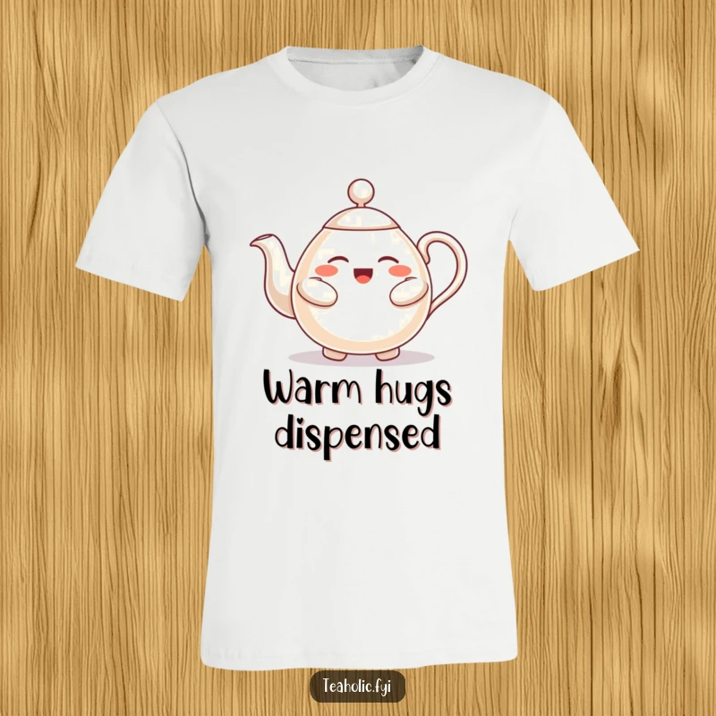 Funny t-shirt featuring a friendly teapot character offering a warm, inviting hug, symbolizing comfort and good cheer.