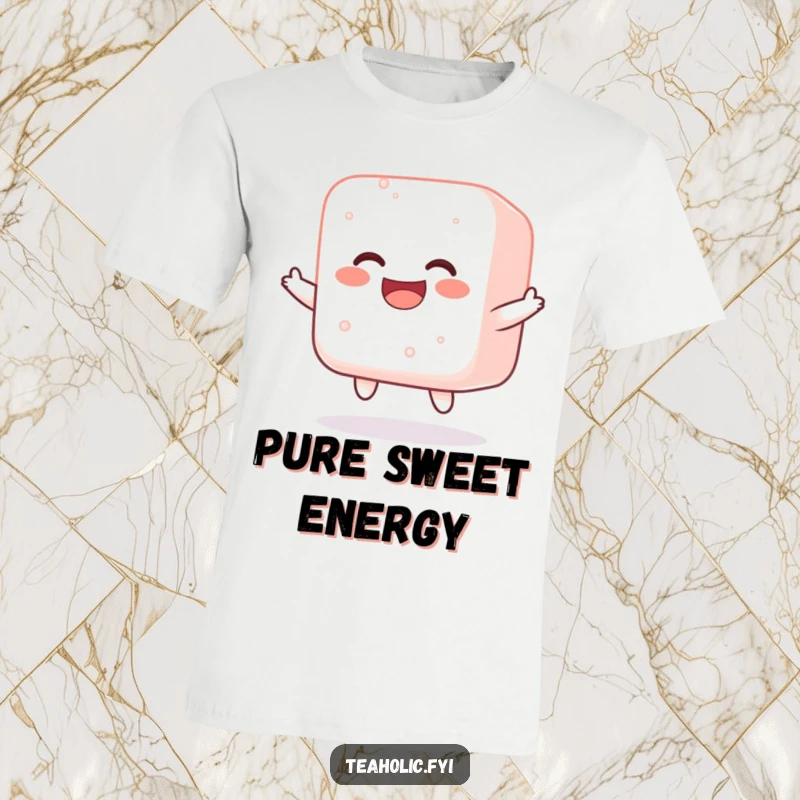Funny t-shirt showcasing a jolly sugar cube joyfully bouncing, capturing a moment of pure, sugar-fueled happiness.