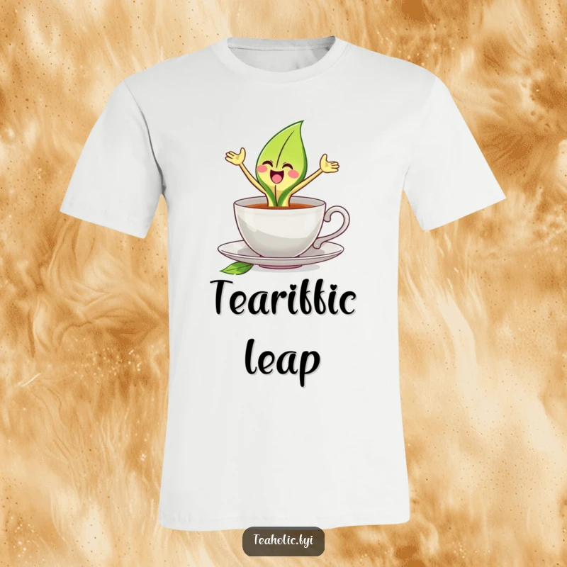 Funny tea leaf t-shirt featuring a joyful tea leaf character in mid-leap, bursting excitedly from a teacup.