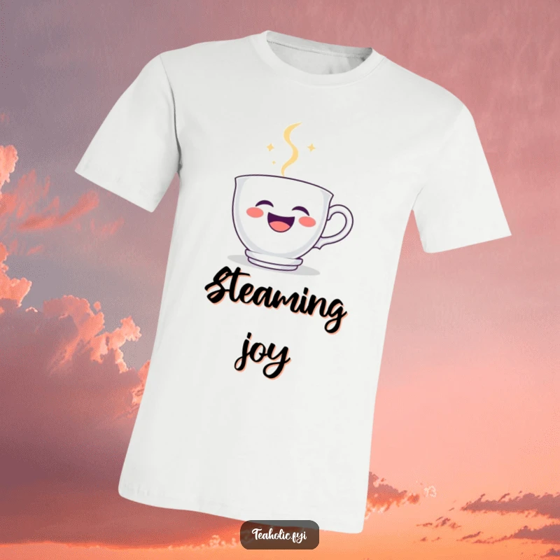Funny teacup t-shirt showing a cartoon teacup character laughing joyfully, with steam rising to form a prominent smiley face.