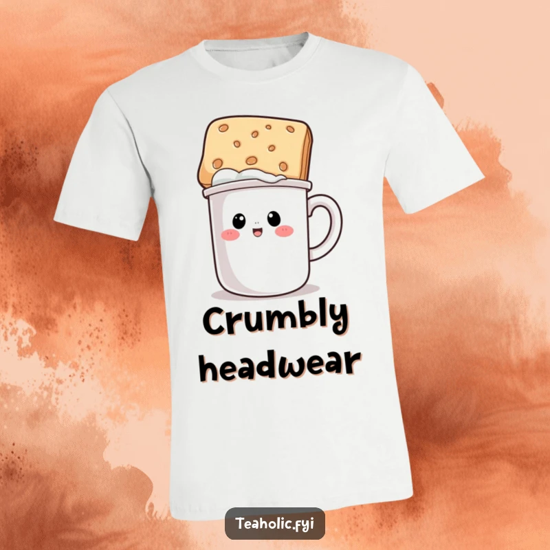 Funny t-shirt graphic of a mug character humorously wearing a biscuit like a hat, perfect for casual, comical wear.