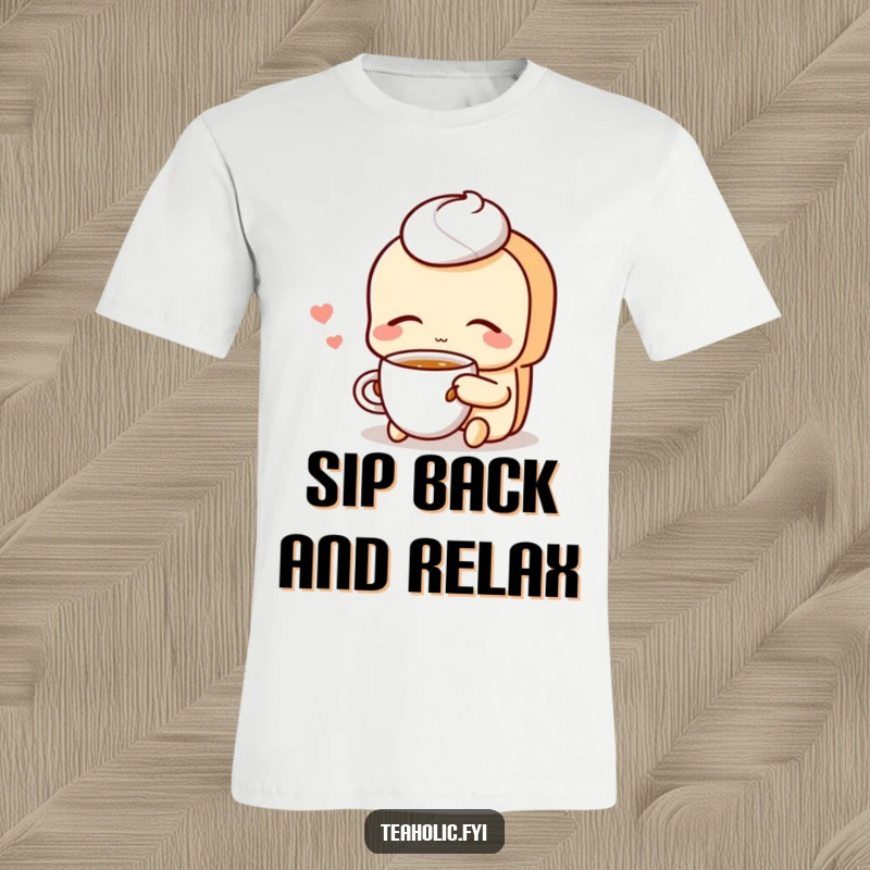 Funny Pastry T-Shirt: A happy pastry character enjoys a cup of tea with eyes closed, embodying pure contentment.