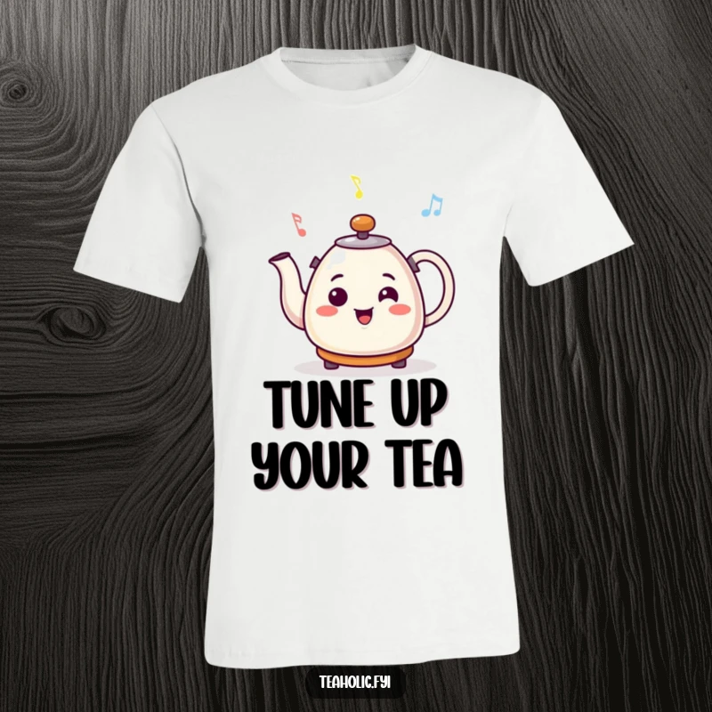 Funny t-shirt depicting a smiling kettle character actively whistling a cheerful tune, conveying a sense of musical happiness.