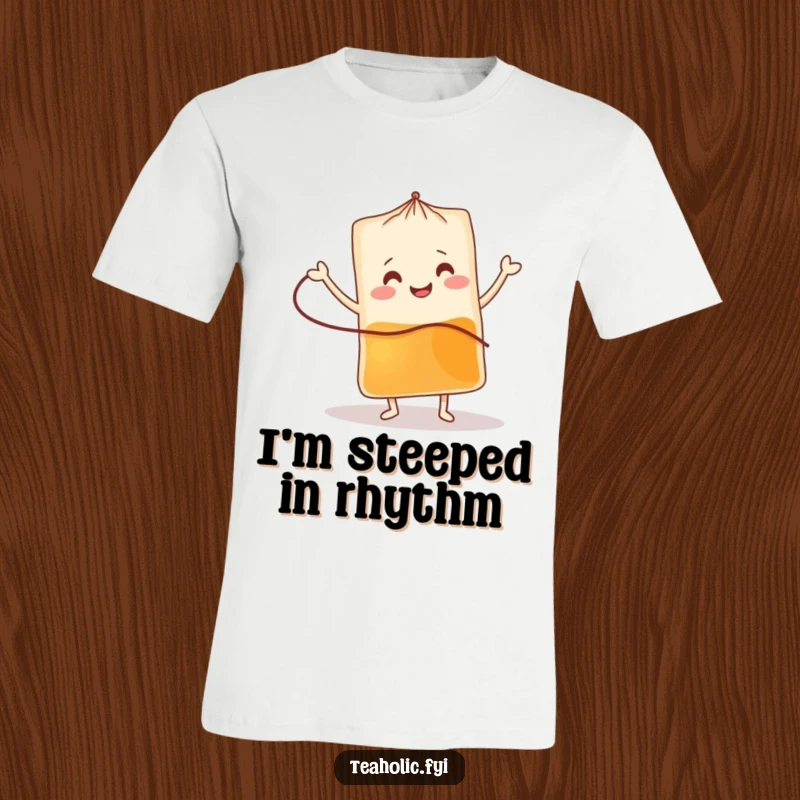 Funny tea bag t-shirt featuring a smiling character performing a lively jig, great for a funny gift.