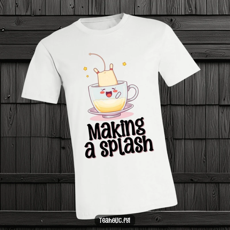 Funny t-shirt with a tea bag character doing a happy somersault into a frothy cup, an energetic funny gift.