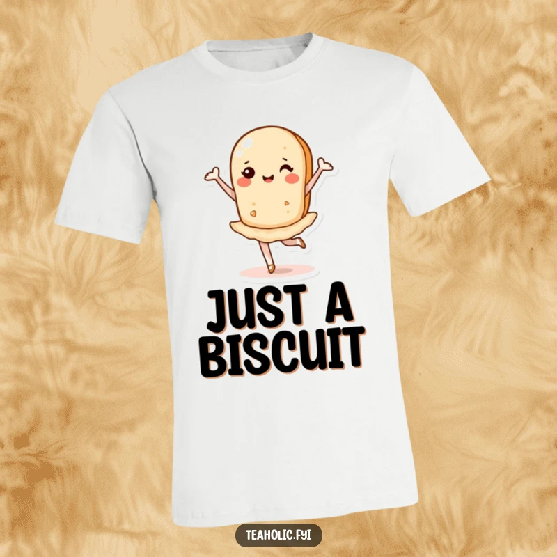 Funny t-shirt featuring a jubilant tea biscuit executing a perfect ballet pirouette with a smile.