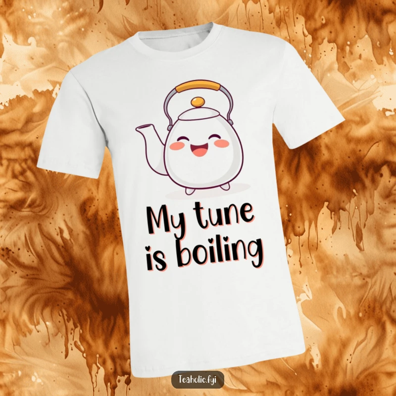 Funny tea kettle t-shirt with a happy character whistling musically, a cheerful and funny gift.