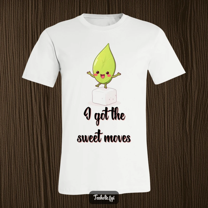 Funny tea leaf character gleefully bouncing high on a sugar cube, printed on a t-shirt, showcasing a playful and energetic vibe.