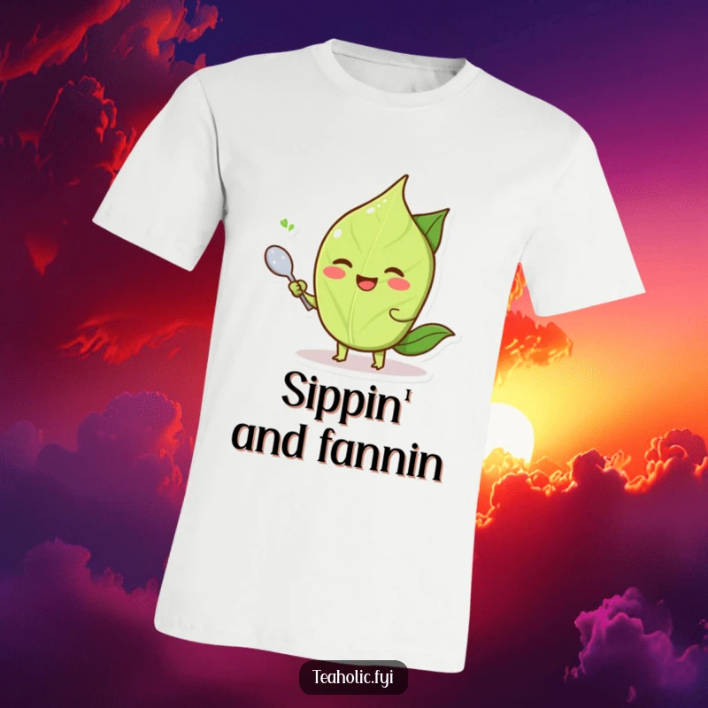 Funny smiling tea leaf character fanning itself with a tiny spoon, a relaxed and funny t-shirt.