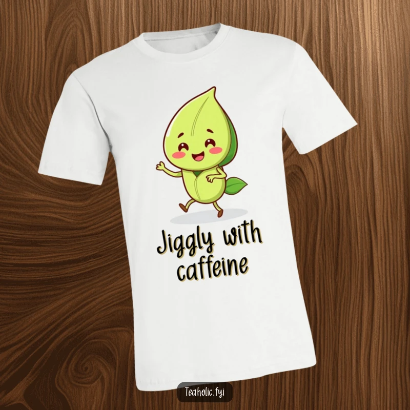 Funny T-shirt displaying a smiling tea leaf character doing a lively and happy jig, celebrating every moment.
