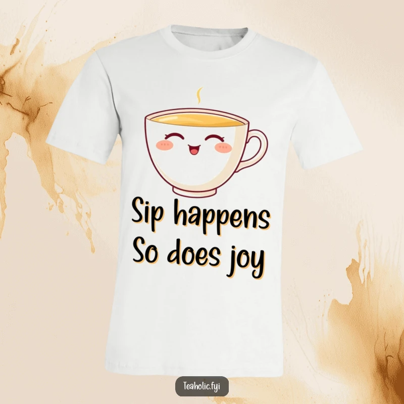 Funny teacup t-shirt featuring a cheerful character happily sipping tea with closed eyes, a humorous and funny gift idea.