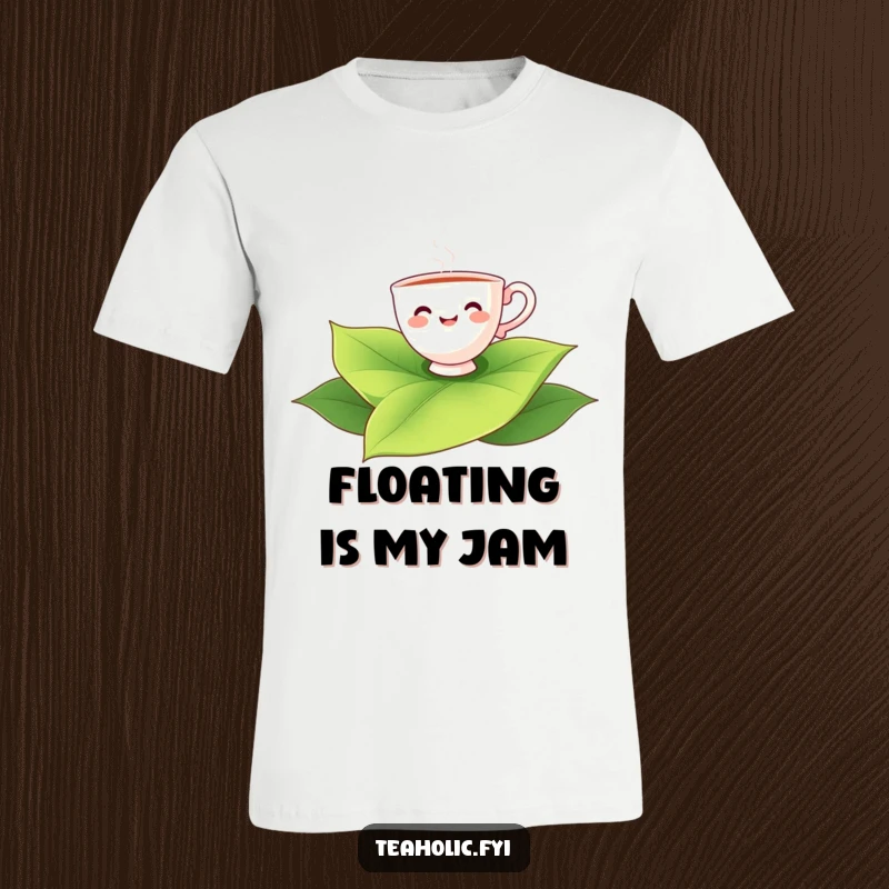 Funny smiling teacup character floating blissfully on a giant green tea leaf, a hilarious t-shirt.