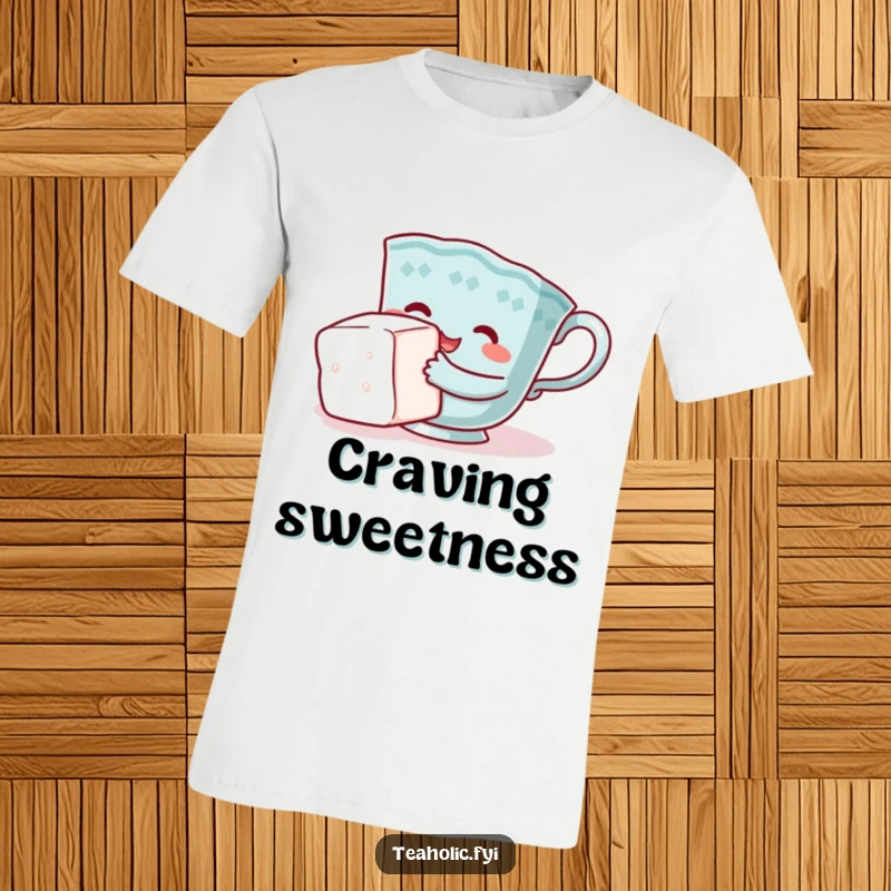 Funny teacup t-shirt, character comically hugging sugar cube, expressing sweet determination, ideal funny gift.